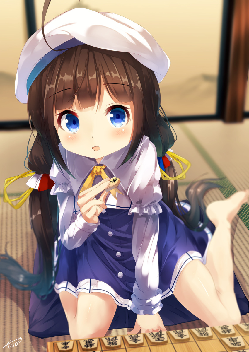 1girl :d ahoge bangs barefoot beret between_legs blue_dress blue_eyes blurry blurry_background blush board_game brown_hair chinomaron commentary_request depth_of_field dress eyebrows_visible_through_hair hair_ribbon hand_between_legs hat highres hinatsuru_ai holding leaning_to_the_side long_hair long_sleeves looking_at_viewer low_twintails open_mouth puffy_short_sleeves puffy_sleeves ribbon ryuuou_no_oshigoto! school_uniform short_over_long_sleeves short_sleeves shougi sitting smile solo tatami twintails very_long_hair wariza white_hat yellow_ribbon zabuton