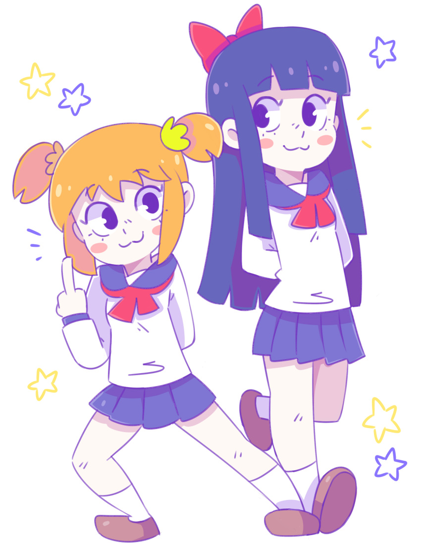 2girls :3 absurdres arm_behind_back arm_up arms_behind_back bangs black_eyes blouse blue_hair blue_sailor_collar blue_skirt blunt_bangs blush_stickers bow brown_footwear brown_hair closed_mouth emphasis_lines eyebrows_visible_through_hair flat_color full_body graskip hair_bow highres kneehighs leaning_to_the_side loafers long_hair looking_at_another looking_to_the_side multiple_girls neckerchief pipimi pleated_skirt poptepipic popuko red_bow red_neckwear sailor sailor_collar shoes short_hair short_twintails side-by-side simple_background skirt standing standing_on_one_leg star twintails white_background white_blouse white_legwear