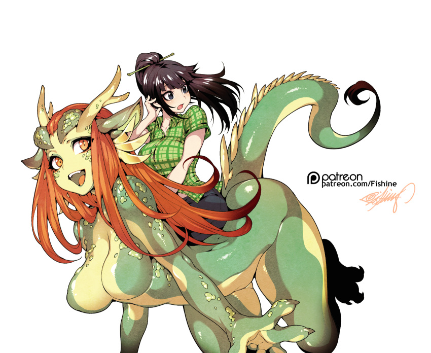 2girls :d :o animal_ears antlers bangs black_eyes black_hair blue_pants blunt_bangs breasts bright_pupils checkered checkered_skirt claws denim eyebrows_visible_through_hair fishine green_shirt hair_ornament hair_tucking hairpin highres horns jeans large_breasts long_hair monster_girl multiple_girls nude open_mouth orange_eyes orange_hair original pants patreon_logo patreon_username ponytail riding shirt signature simple_background skirt slit_pupils smile tail white_background