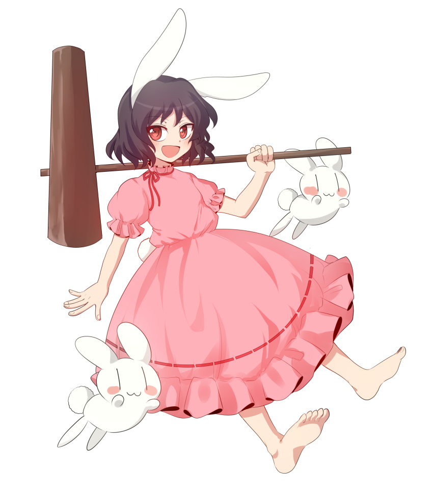 1girl :d absurdres animal animal_ears bangs bare_arms bare_legs barefoot black_hair blush bunny_tail choker dress eyebrows eyebrows_visible_through_hair fingernails frilled_dress frilled_sleeves frills full_body highres holding holding_mallet inaba_tewi kuromiya_yurin looking_away looking_to_the_side mallet open_mouth pink_dress puffy_short_sleeves puffy_sleeves rabbit rabbit_ears red_choker red_eyes red_ribbon ribbon ribbon-trimmed_clothes ribbon-trimmed_dress ribbon_choker ribbon_trim short_hair short_sleeves simple_background smile solo tail touhou transparent_background tsurime