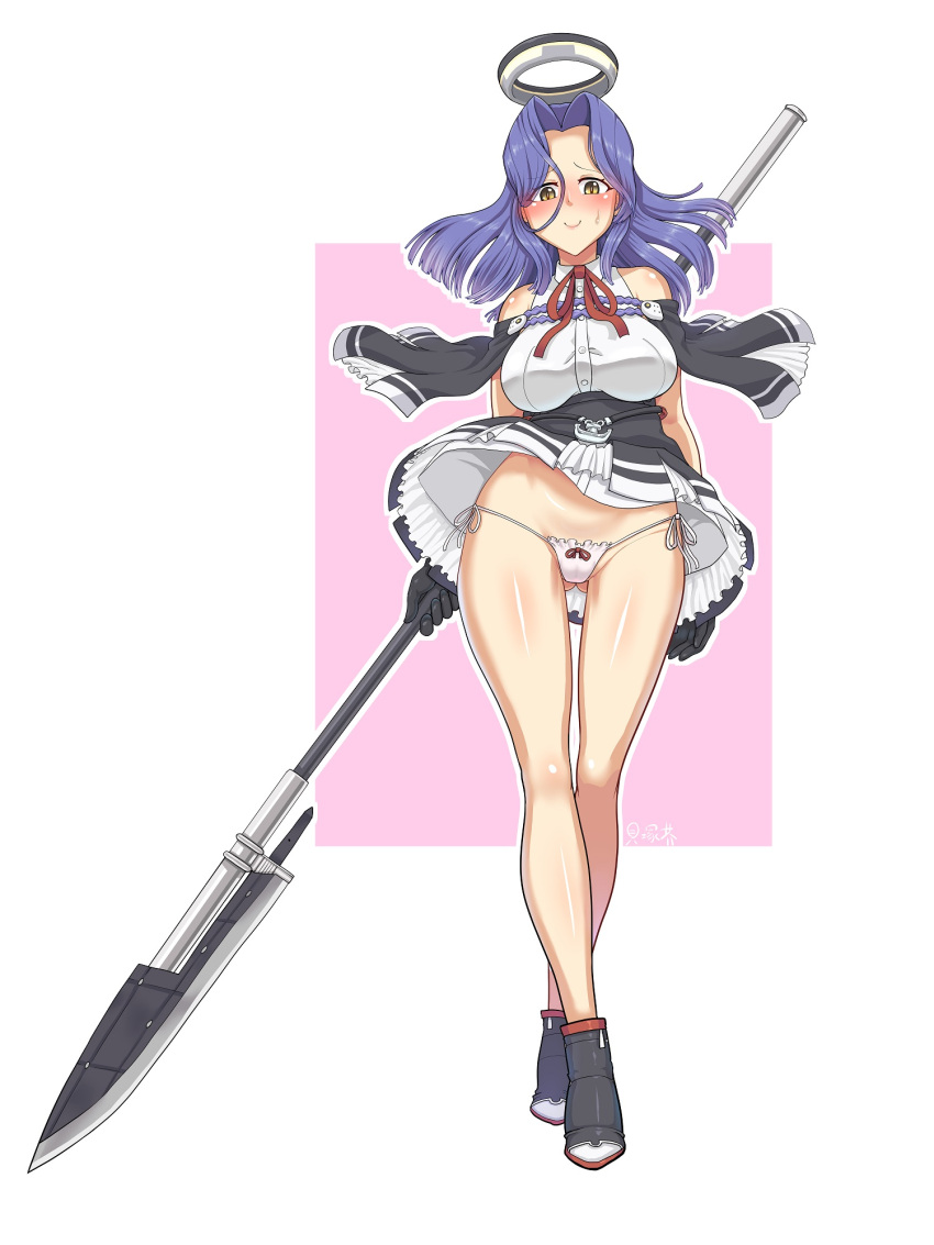 1girl bare_shoulders black_gloves blue_hair blush bow bow_panties dress dress_lift full_body glaive gloves hair_intakes highres holding holding_weapon kaiduka_akuta kantai_collection mechanical_halo medium_hair panties pantyshot pantyshot_(standing) remodel_(kantai_collection) side-tie_panties smile solo standing sweatdrop tatsuta_(kantai_collection) underwear weapon white_panties