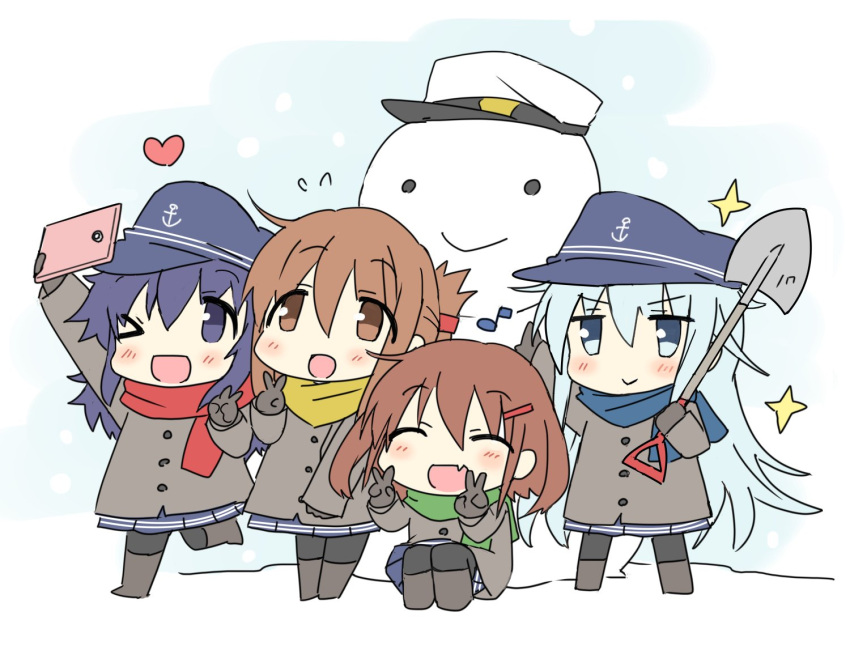 4girls akatsuki_(kantai_collection) anchor_symbol black_gloves black_hair black_hat black_legwear blue_eyes blue_scarf brown_coat brown_eyes brown_hair cellphone chibi coat flat_cap full_body gloves green_scarf hat heart hibiki_(kantai_collection) hizuki_yayoi ikazuchi_(kantai_collection) inazuma_(kantai_collection) kantai_collection long_hair multiple_girls phone red_scarf scarf short_hair shovel silver_hair snowman sparkle v violet_eyes worktool yellow_scarf