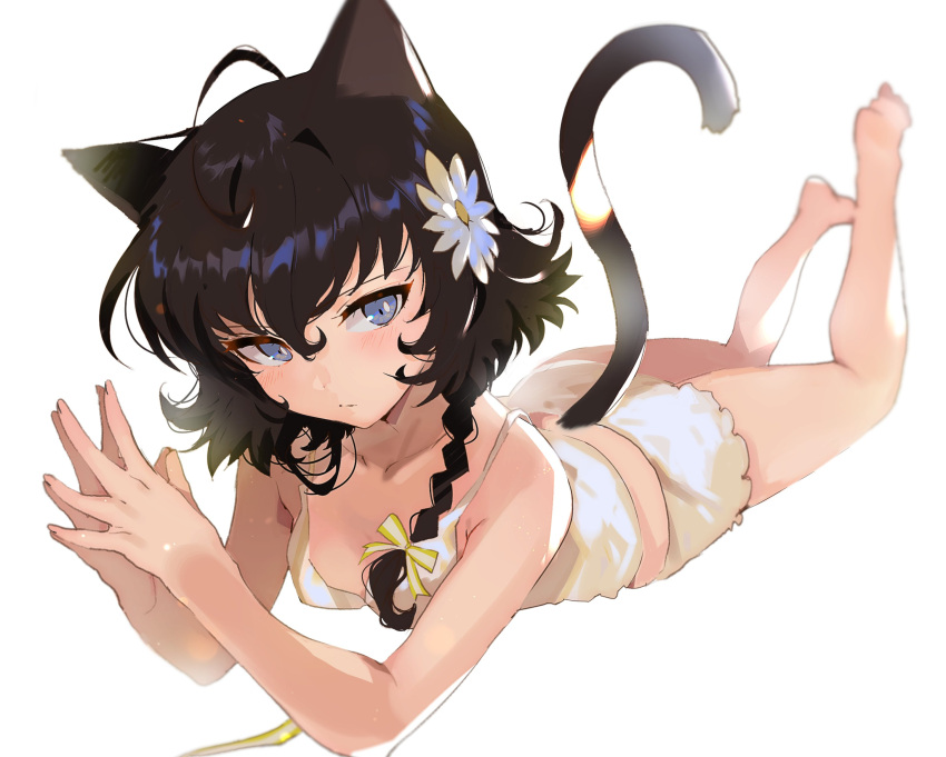 1girl ahoge animal_ears aruterra barefoot black_hair blue_eyes braid cat_ears cat_tail collarbone flower hair_between_eyes hair_flower hair_ornament hands_together highres looking_at_viewer lying on_stomach original side_braid simple_background single_braid solo steepled_fingers tail white_background