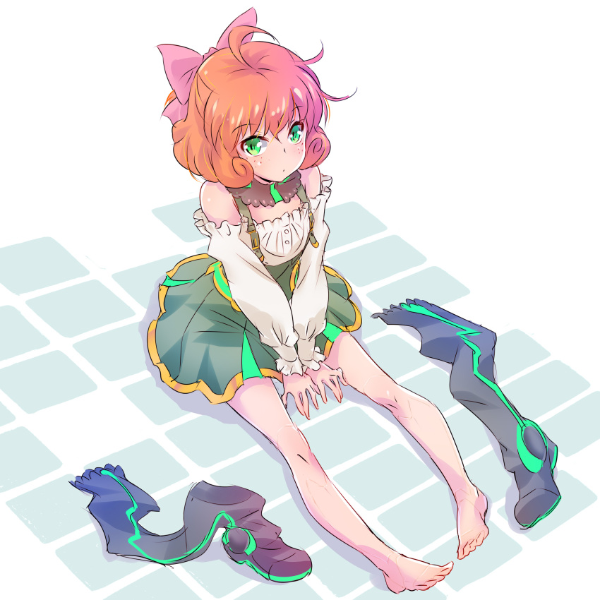 1girl ahoge bare_shoulders barefoot boots boots_removed curly_hair detached_sleeves feet freckles green_eyes hair_between_eyes hair_ribbon highres iesupa looking_at_viewer orange_hair penny_polendina pink_ribbon ribbon rwby shoes_removed short_hair sketch solo suspenders thigh-highs thigh_boots v_arms wrist_cuffs