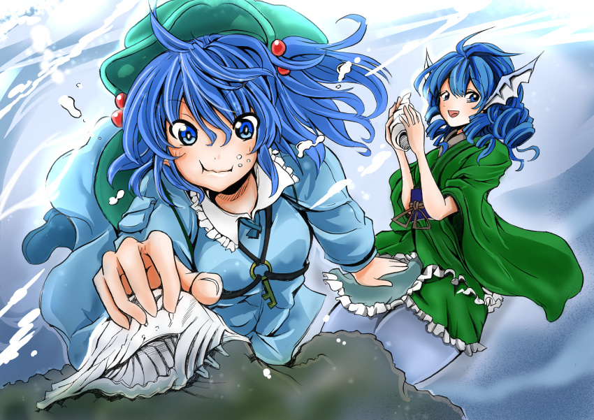 2girls :t anoira_ni blue_dress blue_eyes blue_footwear blue_hair commentary_request dress drill_hair green_hat green_kimono hair_between_eyes hair_bobbles hair_ornament hat head_fins holding japanese_clothes kawashiro_nitori key kimono long_sleeves looking_at_viewer mermaid monster_girl multiple_girls open_mouth shell touhou underwater wakasagihime wide_sleeves