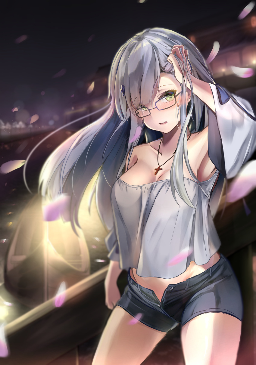 1girl absurdres bare_shoulders breasts casual cherry_blossoms cleavage collarbone cowboy_shot cross cross_necklace girls_frontline glasses hair_ornament hairpin hand_up highres hk416_(girls_frontline) jewelry legs_apart long_hair medium_breasts necklace night night_sky off-shoulder_shirt outdoors purple-framed_eyewear septet_(zrca_janne) shirt short_shorts shorts silver_hair sky solo unbuttoned yellow_eyes