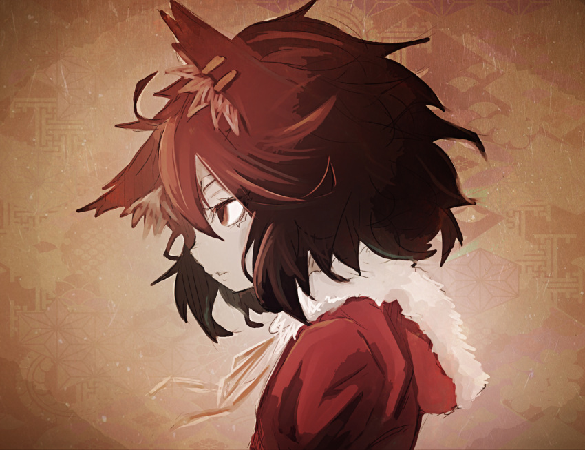 1girl animal_ears brown_background brown_eyes brown_hair cat_ears chen denpa_rasaito expressionless from_side fur_collar highres hood hooded_jacket jacket messy_hair profile red_jacket solo touhou upper_body