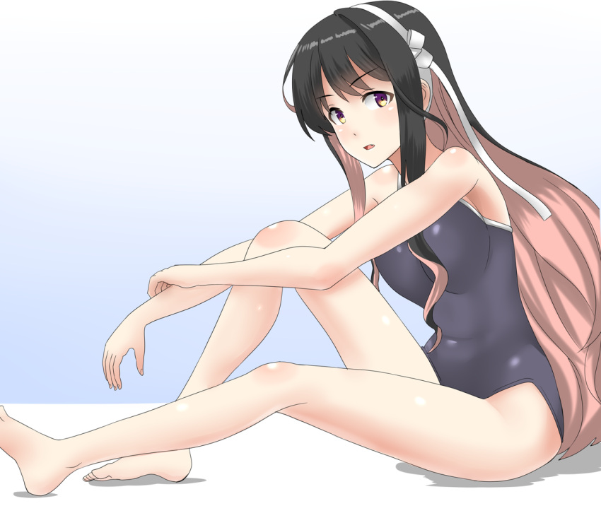 1girl 30-06 bare_shoulders barefoot black_hair black_swimsuit competition_school_swimsuit gradient gradient_background hairband kantai_collection long_hair looking_at_viewer multicolored_hair naganami_(kantai_collection) pink_hair school_swimsuit sitting solo swimsuit two-tone_hair white_background white_hairband