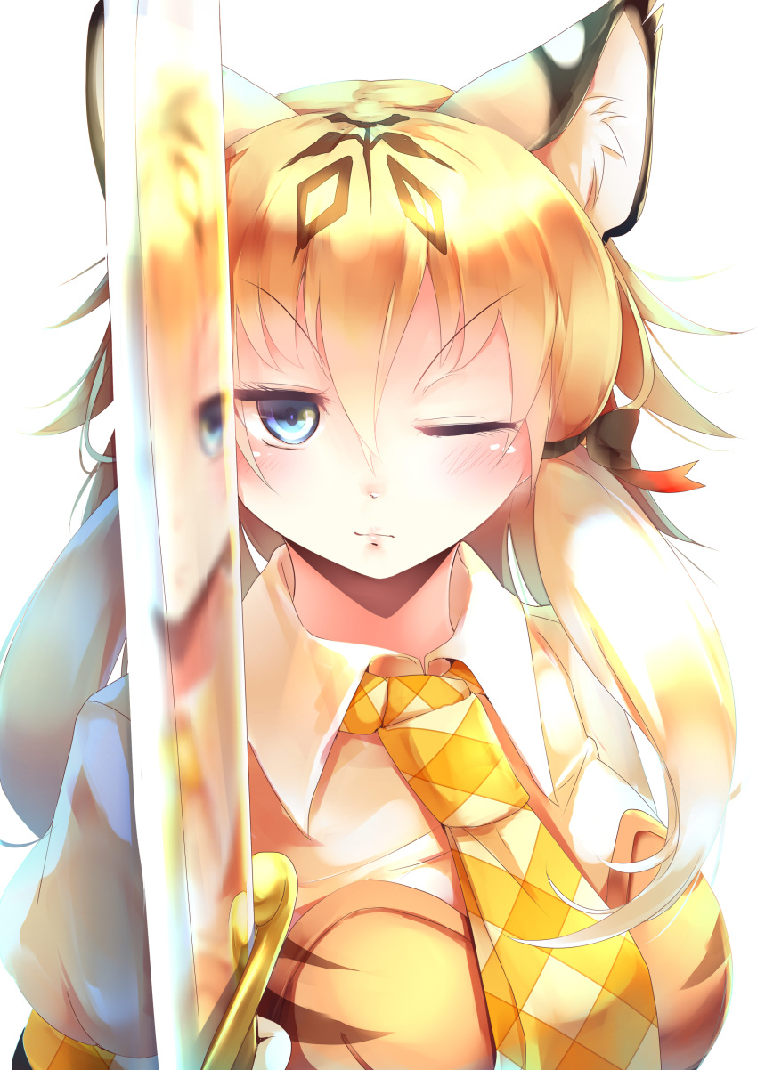 1girl absurdres animal_ears blonde_hair blue_eyes commentary hair_between_eyes hair_ribbon highres kanzakietc kemono_friends long_hair looking_at_viewer necktie one_eye_closed reflection ribbon shirt smilodon_(kemono_friends) solo sword tiger_ears upper_body weapon