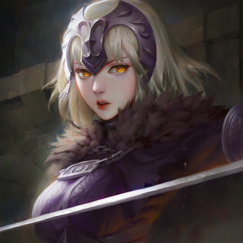 1girl architecture armor armored_dress black_dress black_gloves blonde_hair breasts check_character dao_trong_le dated dress fate/grand_order fate_(series) fur_trim gauntlets gloves highres jeanne_d'arc_(alter)_(fate) jeanne_d'arc_(fate)_(all) lips looking_at_viewer medium_breasts open_mouth parted_lips red_lips short_hair solo yellow_eyes