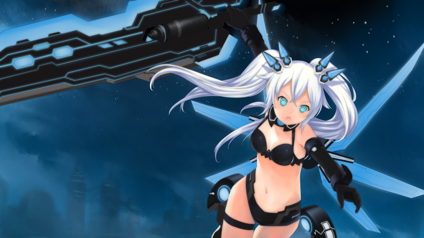 1girl black_heart blue_eyes breasts elbow_gloves eyebrows_visible_through_hair gloves highres holding holding_sword holding_weapon long_hair looking_at_viewer medium_breasts navel neptune_(series) open_mouth solo sword weapon white_hair