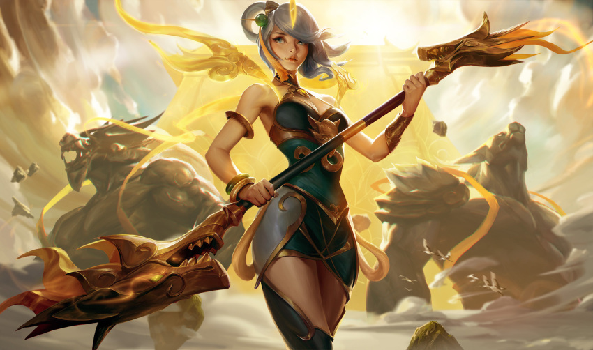 1girl alternate_costume backlighting blue_eyes breasts collaboration commentary crowgod esben faulds hair_ornament hair_rings highres holding holding_weapon league_of_legends lips lunar_empress_lux luxanna_crownguard medium_breasts nose official_art polearm silver_hair solo_focus unitard weapon