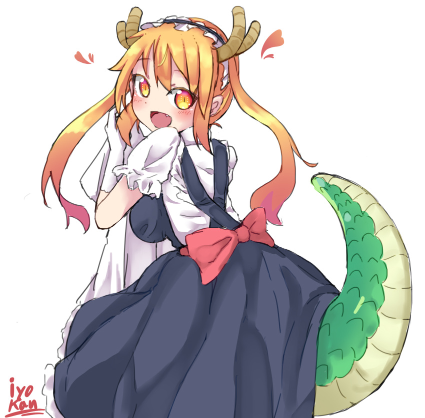 1girl :d artist_name bangs black_dress black_hairband blonde_hair blush bow breasts commentary_request dragon_girl dragon_horns dragon_tail dress elbow_gloves eyebrows_visible_through_hair fang frilled_hairband from_behind gloves hair_between_eyes hairband heart highres holding horns kobayashi-san_chi_no_maidragon long_hair medium_breasts okota_mikan open_mouth puffy_short_sleeves puffy_sleeves red_bow red_eyes scales shirt short_sleeves simple_background slit_pupils smile solo tail tooru_(maidragon) twintails very_long_hair white_background white_gloves white_shirt
