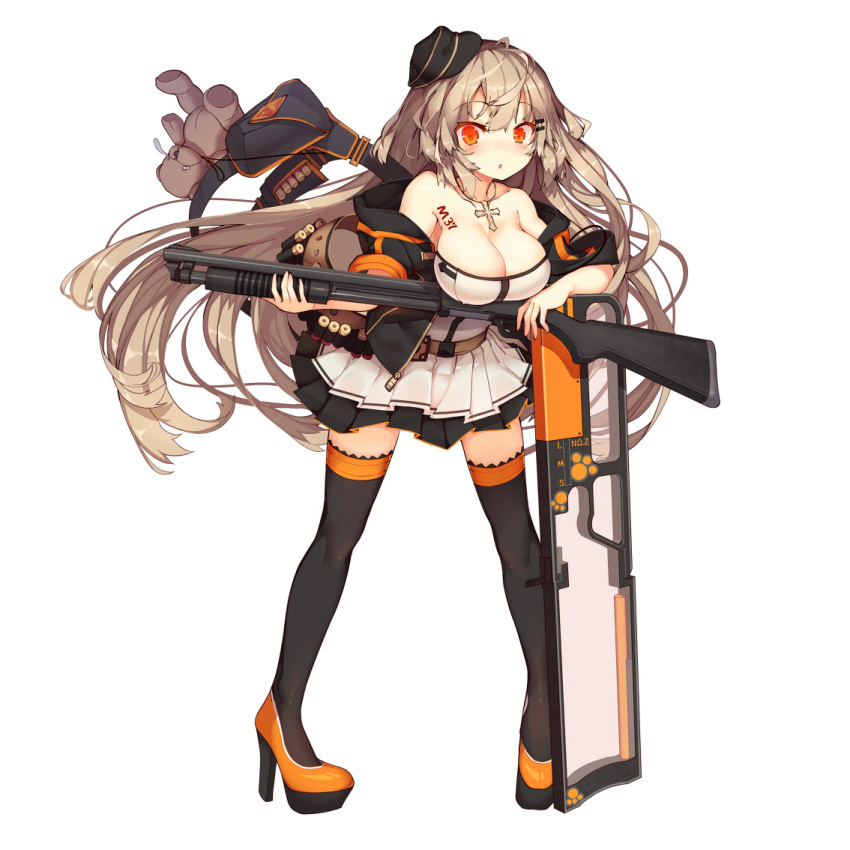 1girl :o ahoge armpit_peek bag bangs belt black_hat black_legwear blush body_writing breasts buckle character_name cleavage cross cross_necklace elbow_rest floating_hair full_body girls_frontline gun hair_between_eyes hair_ornament hairclip hanging_breasts hat high_heels holding holding_gun holding_weapon ithaca_m37 ithaca_m37_(girls_frontline) jacket jewelry large_breasts long_hair looking_at_viewer necklace off_shoulder official_art open_clothes open_jacket open_mouth paw_print_pattern platform_footwear platform_heels pleated_skirt pump_action rain_lan red_eyes shield shotgun shotgun_shells sidelocks skirt solo standing strap stuffed_animal stuffed_toy teddy_bear thigh-highs unzipped weapon zipper zipper_pull_tab