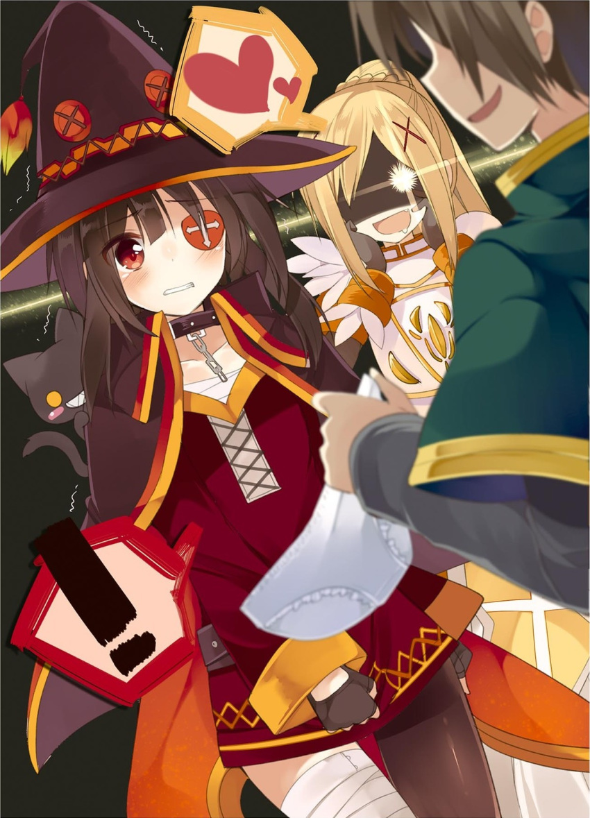 1boy 2girls :d animal animal_on_shoulder armor artist_name asymmetrical_legwear bandage black_cape black_gloves black_hair black_hat black_legwear blonde_hair brown_hair cape capelet cat cat_on_shoulder chomusuke clenched_teeth clothes_theft collar collarbone darkness_(konosuba) dress dress_tug embarrassed eyepatch fingerless_gloves gloves hat heart highres holding holding_panties kono_subarashii_sekai_ni_shukufuku_wo! long_hair megumin mishima_kurone multiple_girls official_art open_mouth page_number panties panties_removed pervert ponytail red_dress red_eyes satou_kazuma smile spoken_heart standing strapless strapless_dress tears teeth theft tube_dress underwear underwear_theft white_panties witch_hat