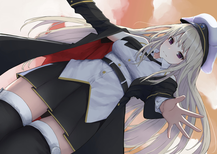 1girl azur_lane bangs bare_shoulders breasts clouds cloudy_sky dutch_angle enterprise_(azur_lane) eyebrows_visible_through_hair hat highres isobeageage large_breasts long_hair looking_at_viewer looking_down_at_viewer miniskirt necktie peaked_cap shirt sidelocks silver_hair skirt sky sleeveless solo thigh-highs very_long_hair violet_eyes