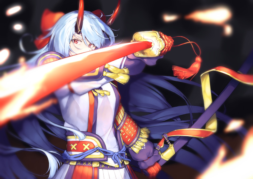 1girl armor blue_hair dabuki fate/grand_order fate_(series) gloves hair_ribbon highres holding holding_sheath holding_sword holding_weapon horns japanese_armor japanese_clothes long_hair oni_horns red_eyes ribbon solo sword tomoe_gozen_(fate/grand_order) very_long_hair weapon