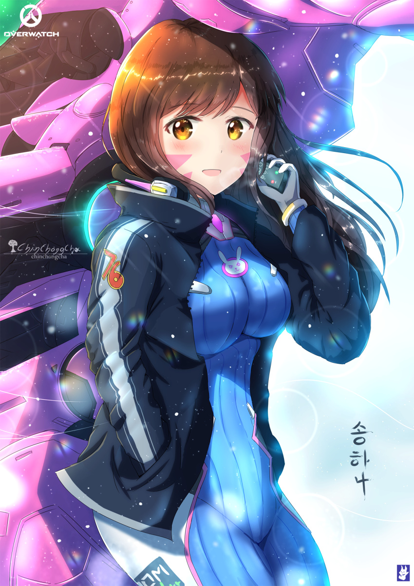 bangs blue_bodysuit bodysuit brown_eyes brown_hair cellphone chinchongcha d.va_(overwatch) facepaint facial_mark gloves headphones headphones_around_neck highres jacket long_hair looking_at_viewer meka_(overwatch) open_clothes open_jacket open_mouth overwatch phone pilot_suit ribbed_bodysuit smartphone swept_bangs whisker_markings