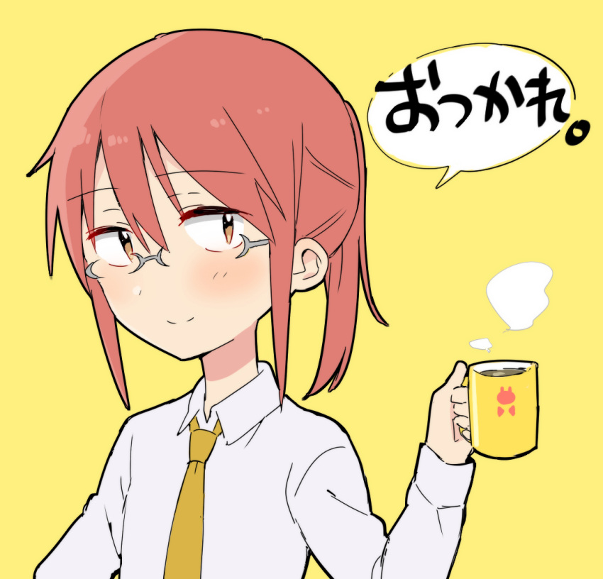 1girl bangs blush brown_eyes brown_hair closed_mouth coffee coffee_mug collared_shirt eyebrows_visible_through_hair glasses grey-framed_eyewear hair_between_eyes holding_mug kobayashi-san_chi_no_maidragon kobayashi_(maidragon) long_sleeves merry_(168cm) necktie ponytail shirt sidelocks simple_background smile smoke solo translated white_shirt yellow_background yellow_neckwear