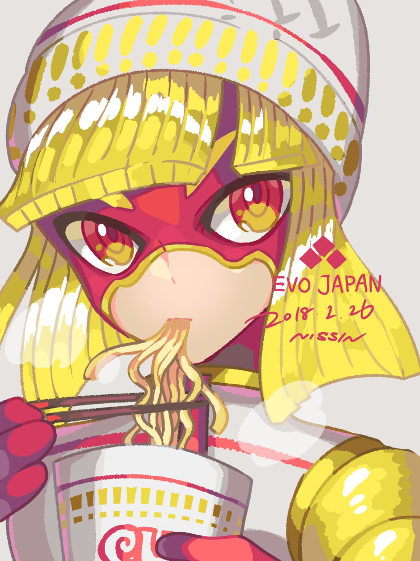 1girl 2018 arms_(game) bangs beanie blonde_hair chinese_clothes domino_mask facepaint food hat highres mask min_min_(arms) noodles short_hair shorts solo yasaikakiage