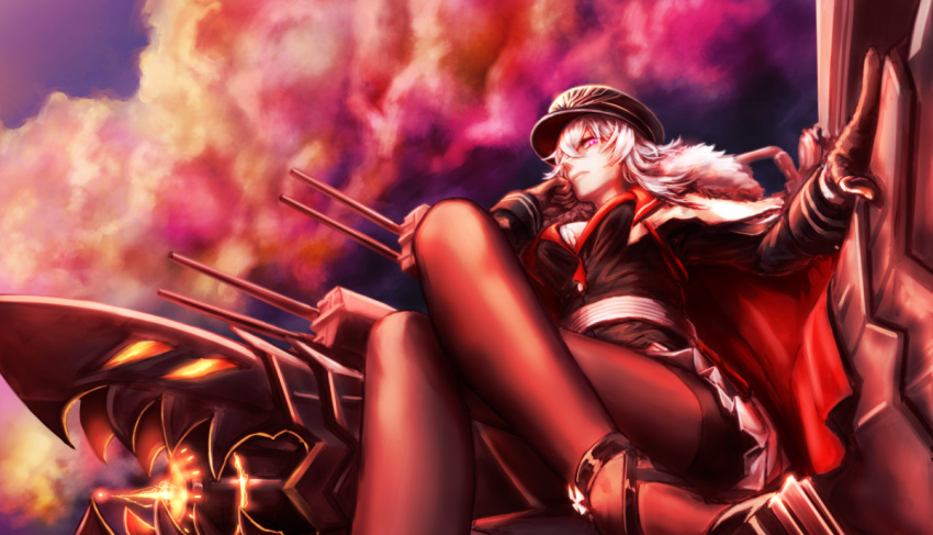 1girl azur_lane belt black_gloves black_legwear bra breasts buttons cannons cape charging_(attack) cleavage clouds cloudy_sky dusk eyebrows_visible_through_hair eyes_visible_through_hair from_below fur-trimmed_cape fur_trim gloves graf_zeppelin_(azur_lane) hair_between_eyes hand_on_machinery hand_to_own_face hat iron_cross jacket large_breasts legs_crossed long_hair looking_at_viewer machinery military military_uniform outdoors pantyhose peaked_cap red_eyes rigging shinachiku_(uno0101) silver_hair skirt sky solo turrets underwear uniform white_bra white_hair