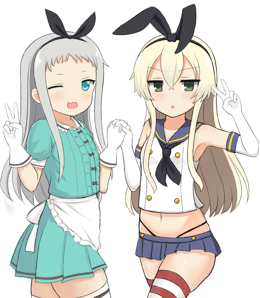 1boy 1girl ;3 ;d absurdres apron black_panties blend_s blonde_hair commentary cowboy_shot crop_top crossover elbow_gloves gloves green_eyes grey_hair hair_between_eyes hair_ribbon hairband hand_holding hank_(spider921) highleg highleg_panties highres interlocked_fingers kantai_collection kanzaki_hideri long_hair look-alike looking_at_viewer microskirt midriff navel one_eye_closed open_mouth panties puffy_short_sleeves puffy_sleeves ribbon sailor_collar shimakaze_(kantai_collection) short_sleeves simple_background skirt smile stile_uniform striped striped_legwear thigh-highs thong trap underwear v waist_apron waitress white_background white_gloves