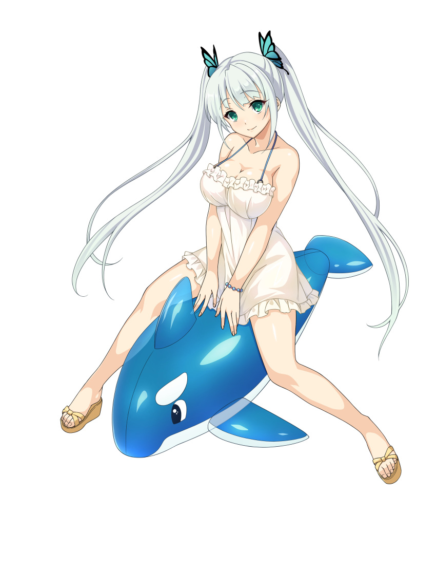 1girl absurdres bead_bracelet beads bracelet breasts butterfly_hair_ornament cleavage collarbone eyebrows_visible_through_hair green_eyes hair_ornament halterneck highres inflatable_dolphin inflatable_toy jewelry kure_masahiro large_breasts long_hair looking_at_viewer official_art platform_footwear riding sandals sashou_urara shiny shiny_skin smile solo spaghetti_strap straddling transparent_background twintails valkyrie_drive valkyrie_drive_-siren-