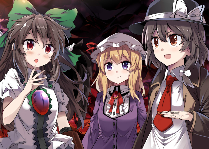 3girls arm_cannon black_wings blonde_hair bow brooch brown_coat brown_eyes brown_hair coat commentary_request dress dress_shirt e.o. fedora green_bow hair_bow hat hat_bow hat_ribbon jewelry long_hair long_sleeves looking_at_another maribel_hearn mob_cap multiple_girls necktie open_mouth puffy_short_sleeves puffy_sleeves purple_dress red_eyes red_neckwear red_ribbon reiuji_utsuho revision ribbon shirt short_hair short_sleeves touhou usami_renko violet_eyes weapon white_bow white_shirt wings