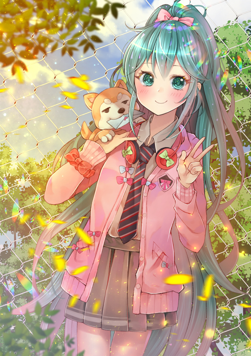 1girl ahoge alternate_costume alternate_hairstyle animal animal_on_shoulder aqua_eyes aqua_hair black_neckwear blazer blue_sky blush bow brown_skirt chain-link_fence closed_mouth clouds collared_shirt cowboy_shot day dog dutch_angle emblem fence grey_shirt hair_bow hand_on_own_chest hatsune_miku headphones headphones_around_neck highres jacket letter long_hair long_sleeves love_letter motion_blur mouth_hold narami necktie open_blazer open_clothes open_jacket outdoors petals pink_bow pink_jacket pleated_skirt ponytail red_bow school_uniform shirt skirt sky smile solo standing striped_neckwear thigh_gap tree unbuttoned v very_long_hair vocaloid wing_collar wrist_bow