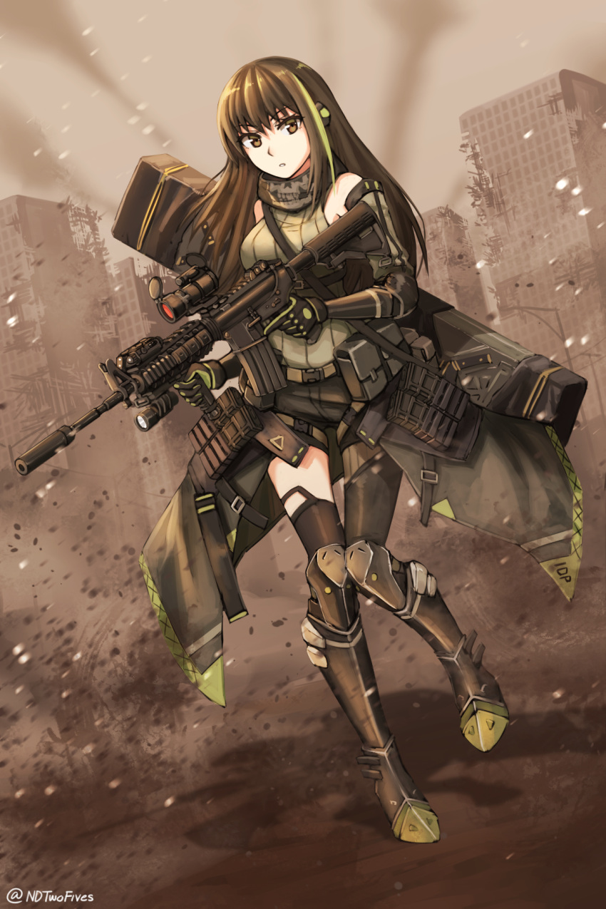 1girl ammunition_pouch assault_rifle asymmetrical_legwear balaclava bangs black_hair breasts brown_eyes building camouflage_jacket carrying_over_shoulder case clothes_around_waist commentary_request detached_sleeves dirt eyebrows_visible_through_hair foregrip girls_frontline gloves green_hair gun highres holding holding_gun holding_strap holding_weapon jacket_around_waist knee_pads large_breasts long_hair m4_carbine m4a1_(girls_frontline) multicolored_hair ndtwofives pouch remodel_(girls_frontline) ribbed_legwear ribbed_shirt rifle ruins scope shirt shorts single_thighhigh solo strap streaked_hair suppressor thigh-highs trigger_discipline twitter_username weapon