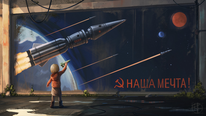 1girl artist_request blonde_hair child highres hood hoodie original rocket short_hair skirt solo sovetsky_soyuz soviet space tagme ukraine