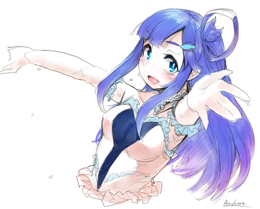 1girl anchors artist_name asari_nanami bangs bare_shoulders blue_hair blunt_bangs blush breasts bright_pupils collarbone cropped_torso elbow_gloves eyebrows eyebrows_visible_through_hair eyelashes facing_away fang fish_hair_ornament frilled_gloves frills gloves hair_ornament hair_rings highres idolmaster idolmaster_cinderella_girls lips long_hair medium_breasts outstretched_arms pink_lips sidelocks simple_background solo strapless sweat swept_bangs upper_body white_background white_gloves white_pupils