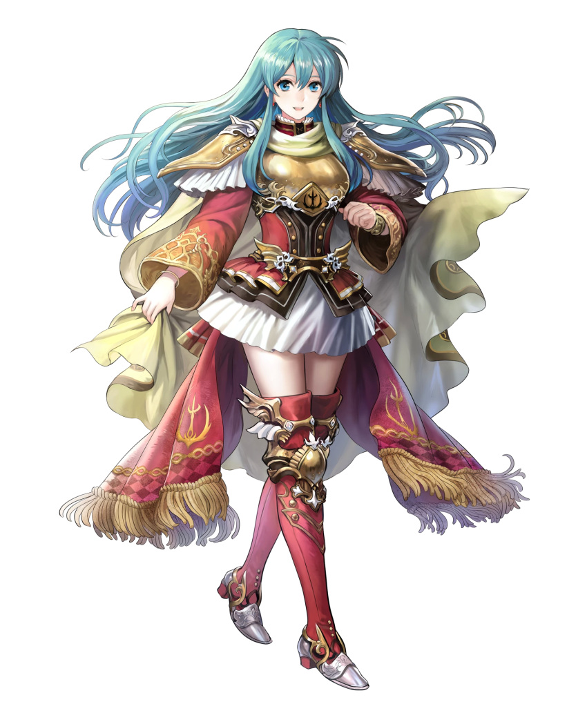 1girl aqua_hair armor armored_boots blue_eyes boots bracelet breastplate cape earrings eirika female fire_emblem fire_emblem:_seima_no_kouseki fire_emblem_heroes full_body hair_between_eyes highres holding jewelry long_hair long_sleeves mayachise official_art open_mouth sidelocks simple_background skirt solo standing thigh_boots transparent_background upper_teeth white_skirt zettai_ryouiki