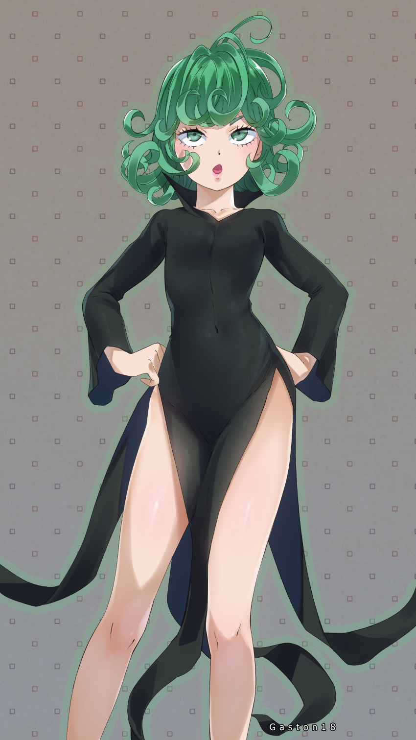 1girl absurdres artist_name black_dress colored contrapposto covered_navel curly_hair dress flipped_hair gaston18 green_eyes green_hair hands_on_hips highres murata_yuusuke one-punch_man open_mouth pelvic_curtain pink_lips short_hair side_slit solo tatsumaki