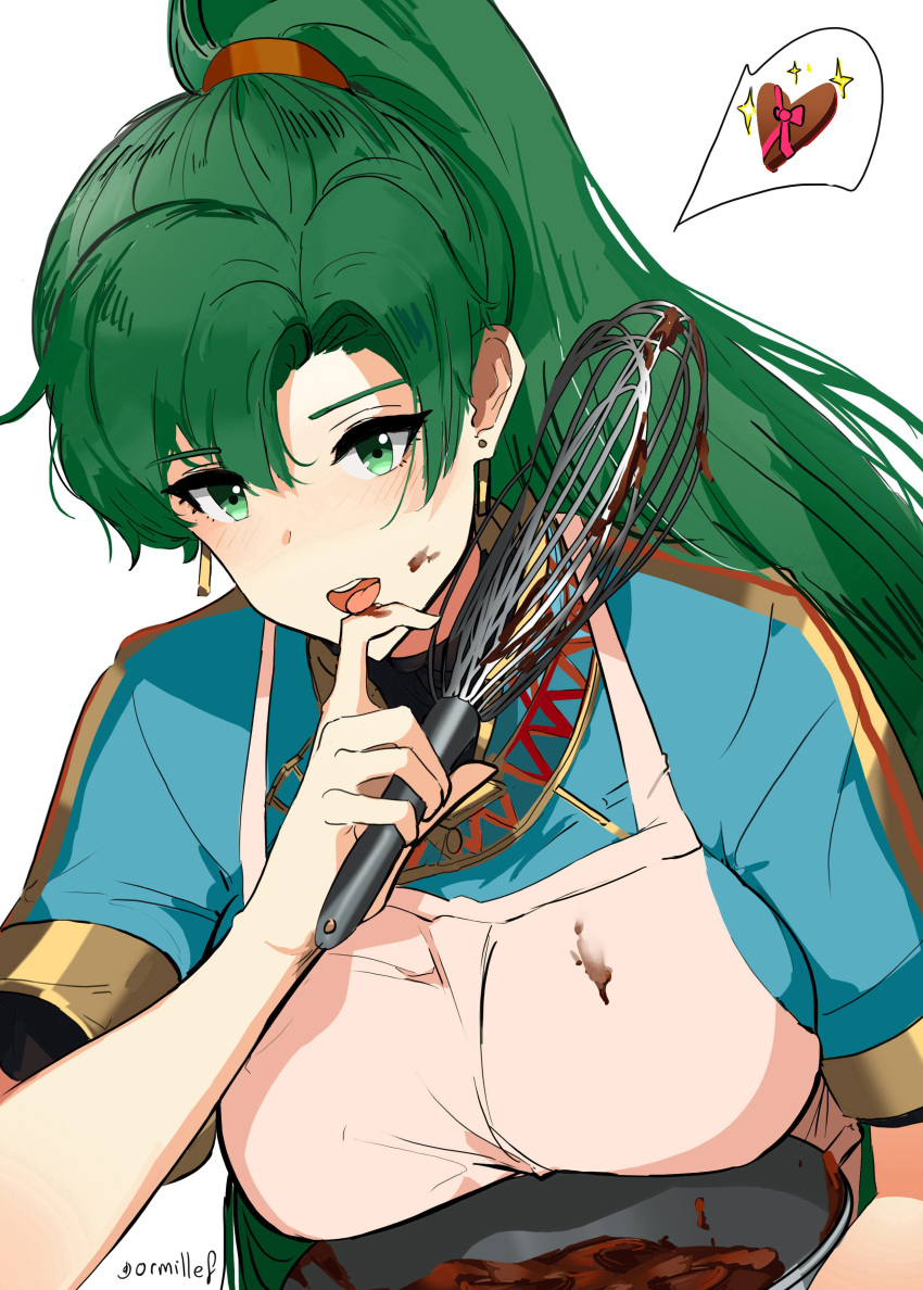1girl absurdres apron breasts chocolate dotentity dress fire_emblem fire_emblem:_rekka_no_ken fire_emblem_heroes green_eyes green_hair high_ponytail highres large_breasts long_hair looking_at_viewer lyndis_(fire_emblem) open_mouth ponytail smile white_background