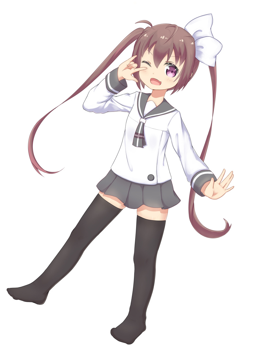 1girl ;d absurdres bangs black_legwear blush bow brown_hair eyebrows_visible_through_hair fang feiyyx full_body grey_neckwear grey_skirt hair_between_eyes hair_bow highres long_hair long_sleeves looking_at_viewer momochi_tamate no_shoes one_eye_closed open_mouth outstretched_arm pleated_skirt school_uniform serafuku shirt sidelocks simple_background skirt slow_start smile solo standing standing_on_one_leg thigh-highs twintails v very_long_hair violet_eyes white_background white_bow white_shirt