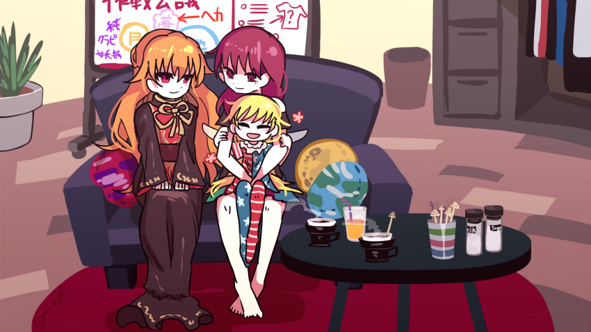 3girls absurdres american_flag_dress american_flag_legwear asuku_(69-1-31) black_dress blonde_hair carpet closed_eyes clownpiece commentary_request couch cup dress drinking_glass drinking_straw earth_(ornament) flower_pot hecatia_lapislazuli highres indoors junko_(touhou) long_hair looking_at_another moon_(ornament) multiple_girls no_hat no_headwear orange_hair pantyhose plant red_carpet red_eyes redhead sitting smile tabard table touhou very_long_hair wings