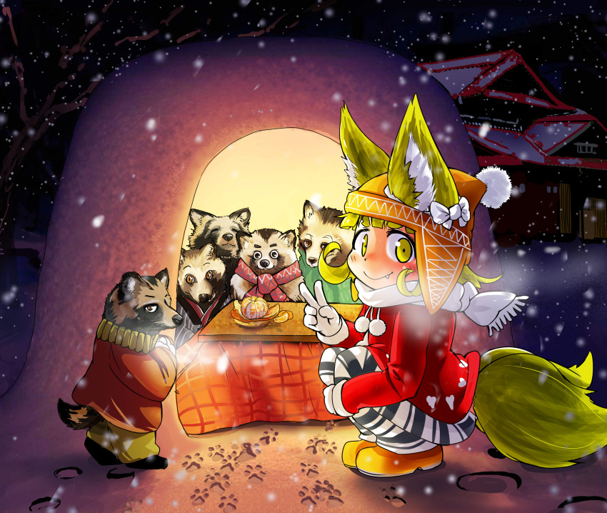 1girl absurdres animal animal_ears bangs blonde_hair blunt_bangs blush boots breath clothed_animal commentary_request doitsuken ears_through_headwear fang_out food fox_child_(doitsuken) fox_ears fox_tail fruit gloves hat highres igloo jacket kotatsu looking_at_viewer mandarin_orange multiple_tails night original outdoors pants paw_print red_jacket scarf short_hair smile snow snow_shelter snowing squatting striped striped_pants table tail tanuki two_tails v white_gloves white_scarf yellow_eyes yellow_footwear
