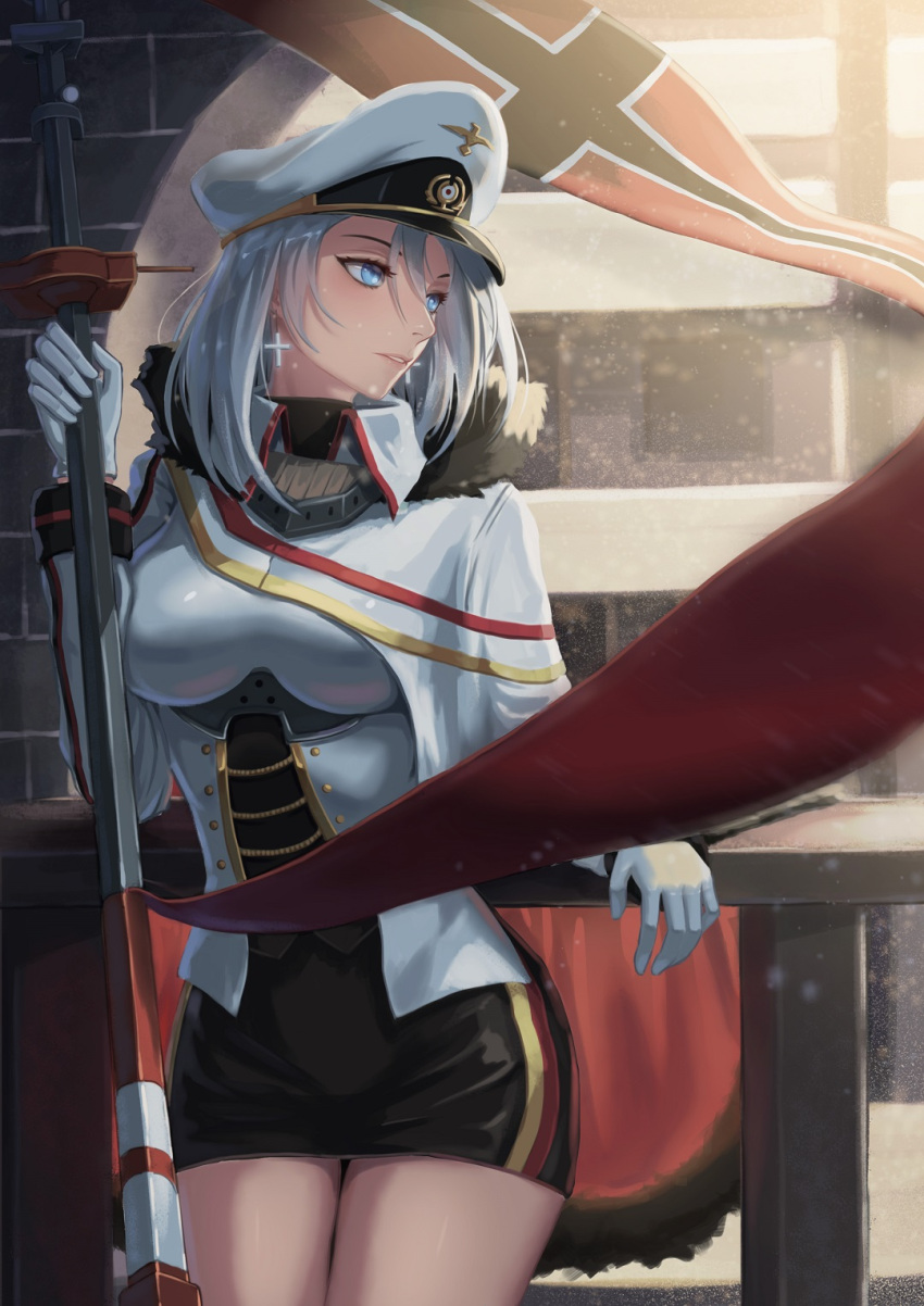 1girl 5555_96 aiguillette azur_lane bangs black_shirt black_skirt blue_eyes breasts cape collared_jacket cross cross_earrings earrings elbow_rest facing_viewer flag fur-trimmed_cape fur_trim german german_flag gloves hair_between_eyes hat highres holding holding_pole jacket jewelry large_breasts looking_to_the_side military military_uniform parted_lips peaked_cap pencil_skirt railing shirt short_hair sidelocks silver_hair skirt smile snow snowing solo thighs tirpitz_(azur_lane) tsurime underbust uniform white_gloves white_jacket wind