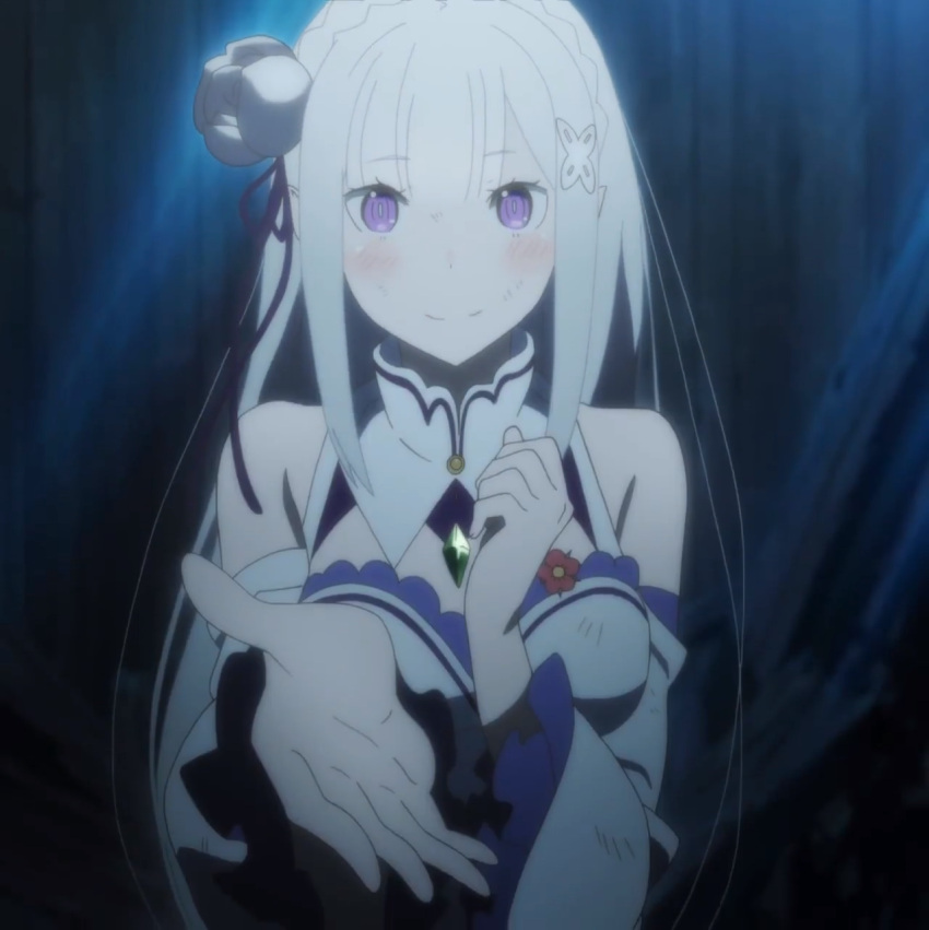 dress emilia_(re:zero) long_hair purple_eyes re:zero_kara_hajimeru_isekai_seikatsu white_hair