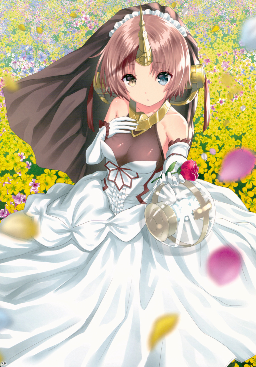 1girl absurdres bangs blue_eyes blurry brown_hair closed_mouth day depth_of_field dress elbow_gloves eyebrows_visible_through_hair fate/apocrypha fate_(series) field flower flower_field frankenstein's_monster_(fate) gloves headdress heterochromia highres holding horn outdoors outstretched_arm petals scan short_hair solo veil white_dress white_gloves yasuyuki yellow_flower