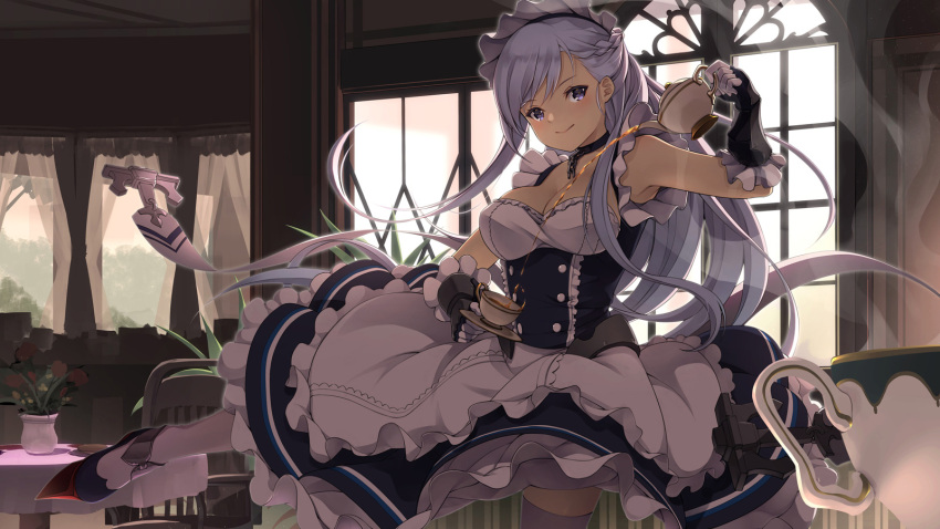 1girl :&gt; azur_lane belfast_(azur_lane) blush braid breasts chains chair choker closed_mouth cup curtains day decantering dress flower head_tilt highres holding indoors large_breasts lavender_hair long_hair looking_at_viewer maid_headdress plant potted_plant saucer shoes smile solo standing standing_on_one_leg steam table teacup teapot v-shaped_eyebrows very_long_hair violet_eyes white_legwear window yoshino_ryou