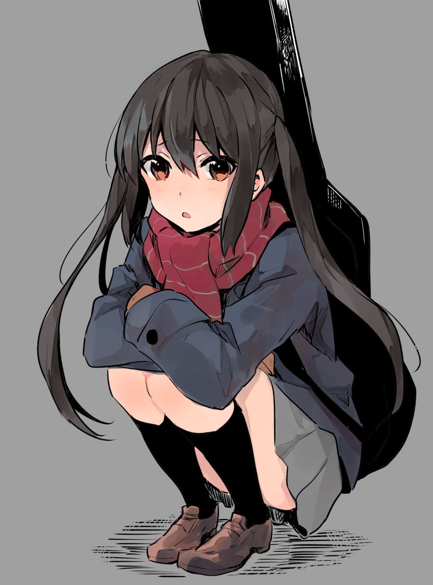 1girl :o black_hair blue_jacket breasts brown_eyes brown_footwear commentary_request crossed_arms eyebrows_visible_through_hair full_body grey_background grey_skirt guitar_case hair_between_eyes highres instrument_case jacket k-on! legs_together light_blush long_hair long_sleeves looking_at_viewer monsieur nakano_azusa pleated_skirt red_scarf scarf school_uniform shoes simple_background skirt solo squatting twintails
