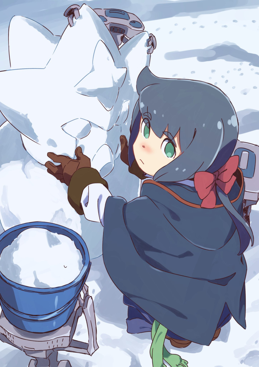 1girl bangs blue_cape blue_hair blush brown_footwear brown_gloves bucket cape closed_mouth commentary_request constanze_amalie_von_braunschbank-albrechtsberger eyebrows_visible_through_hair fur_trim gloves green_eyes hair_ribbon highres little_witch_academia long_sleeves looking_at_viewer looking_back mecha nose_blush ponytail red_ribbon ribbon robot shoes snow snowman squatting tama