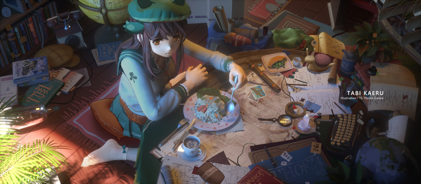 1girl book brown_eyes brown_hair candle closed_mouth compass food frog_hat globe hat highres ibara_dance long_hair original personification phone sailor_collar sitting solo spoon telescope wariza