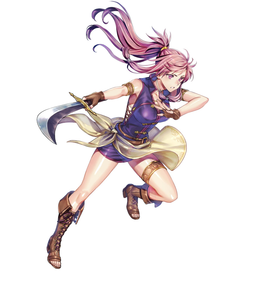 1girl armlet artist_request bangs boots breasts cross-laced_footwear dress fingerless_gloves fire_emblem fire_emblem:_seima_no_kouseki fire_emblem_heroes full_body gloves highres holding holding_sword holding_weapon knee_boots lace-up_boots long_hair looking_away marica_(fire_emblem) medium_breasts official_art one_leg_raised open_toe_shoes parted_lips ponytail purple_hair see-through short_dress solo sword transparent_background violet_eyes weapon