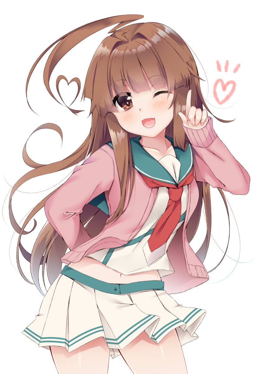 1girl :d ahoge bangs blush brown_eyes brown_hair cardigan commentary_request cowboy_shot eyebrows_visible_through_hair fang fingernails hand_up head_tilt heart heart_ahoge highres huge_ahoge index_finger_raised kantai_collection ko_yu kuma_(kantai_collection) long_hair long_sleeves looking_at_viewer midriff navel necktie open_cardigan open_clothes open_mouth pink_cardigan pleated_skirt red_neckwear school_uniform serafuku shirt simple_background skirt sleeves_past_wrists smile solo very_long_hair white_background white_shirt white_skirt