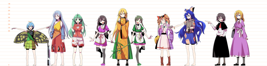 6+girls absurdres antennae apron bamboo bare_legs barefoot black_hair blonde_hair blue_hair brown_eyes brown_hair butterfly_wings capelet daitoutei dress drill_hair eternity_larva ghostly_field_club glasses green_dress green_hair height_chart hidden_star_in_four_seasons highres hood hoodie horn jewelry komano_aun long_hair long_image looking_at_viewer machete maribel_hearn matara_okina multiple_girls nishida_satono no_headwear one_leg_raised open_mouth orange_hair outstretched_arms red_eyes sakata_nemuno shirt short_hair short_hair_with_long_locks short_sleeves silver_hair simple_background smile standing standing_on_one_leg tabard teireida_mai touhou two_side_up usami_renko very_long_hair waist_apron weapon wide_image wings yellow_eyes yorigami_jo'on yorigami_shion