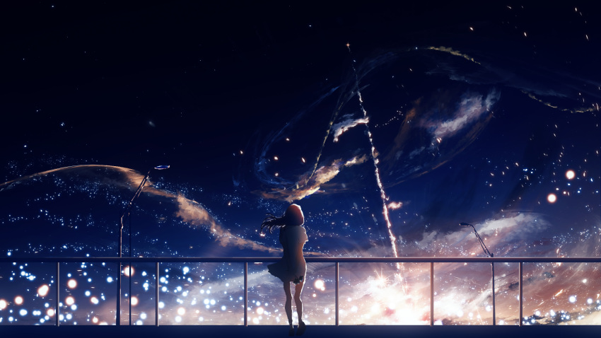 1girl brown_hair clouds commentary_request dress fantasy floating_hair from_behind highres lamppost light_particles long_hair original railing scenery shoes short_sleeves sky solo star_(sky) starry_sky white_dress y_y_(ysk_ygc)