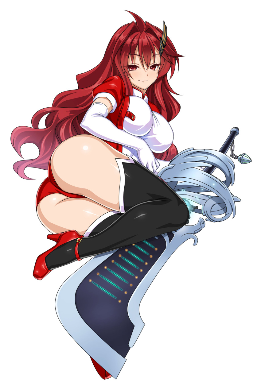 1girl ass between_legs black_legwear breasts elbow_gloves full_body gloves hair_ornament highres kisaragi_setsuna kure_masahiro large_breasts long_hair looking_at_viewer official_art pumps red_eyes redhead short_sleeves simple_background smile solo sword thigh-highs twisted_torso valkyrie_drive valkyrie_drive_-siren- weapon white_background white_gloves